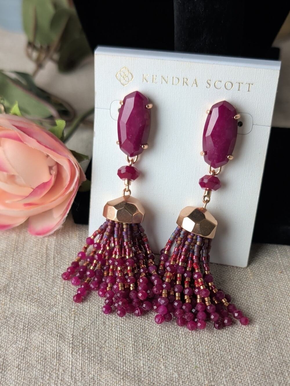 Kendra Scott Magenta Stone Tassel Earrings NWT Rose Gold Boho Luxe Statement